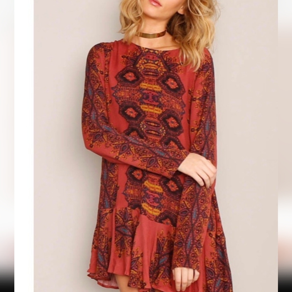 Free People Tunic Mini Colorful Patterned Long‎ Sleeve Dress
